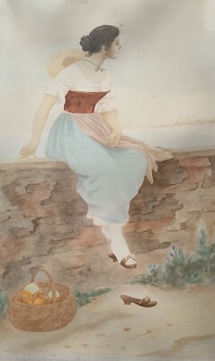 Original Aquarell,Genremalerei um 1890,Portrait einer Venezianerin auf der Mauer