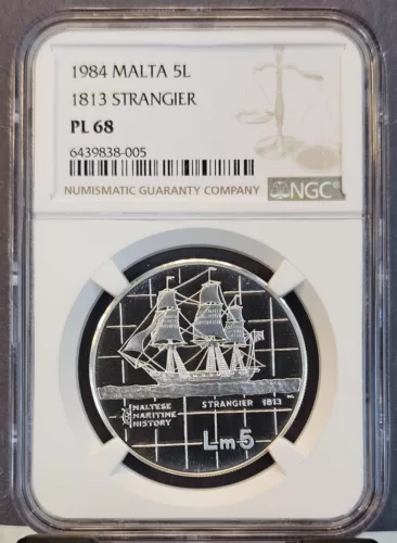 1984 MALTA SILVER 5 LIRI MARITIME HISTORY 1813 STRANGIER NGC PL 68 TOP POP 1