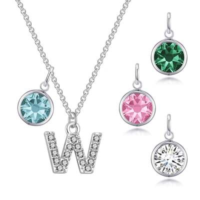 Pave Initial W Necklace with Birthstone Charm Created with Zircondia  Crystals
