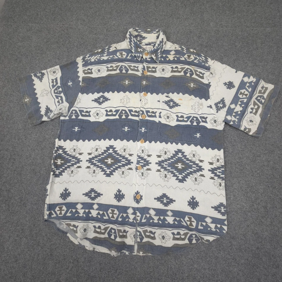 Hang Ten Shirt Mens MEDIUM Blue Geometric Short Sleeve Button Up Casual Size M - Image 3 of 4