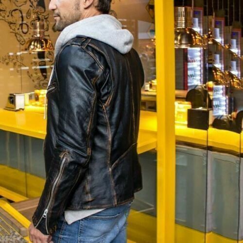 Mens Black Biker Vintage Distressed Motorcycle Cafe Racer Real Leather Jacket - Bild 3 von 5