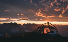 Landscape tent camping mountains sunset photography sun Custom Gaming Mat Desk