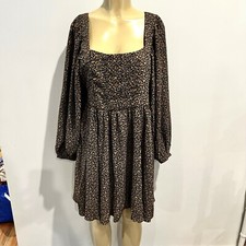 MNG Floral Babydoll Dress Sz 8 Black Long Sleeves Pleated Loose Chiffon