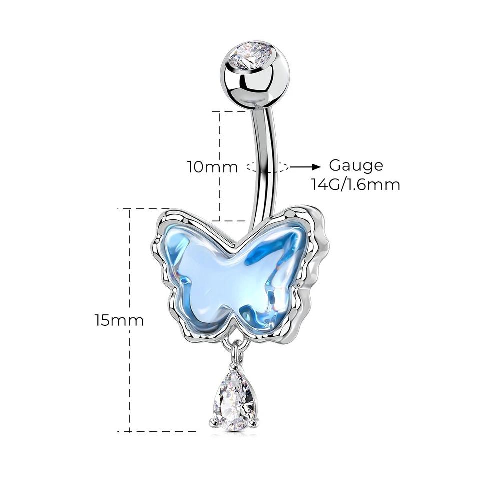 Пупок кнопка кольцо подвеской синий бабочка 14G 316L из нержавеющей стали CZ пупок кольцо - Изображение 2 из 4