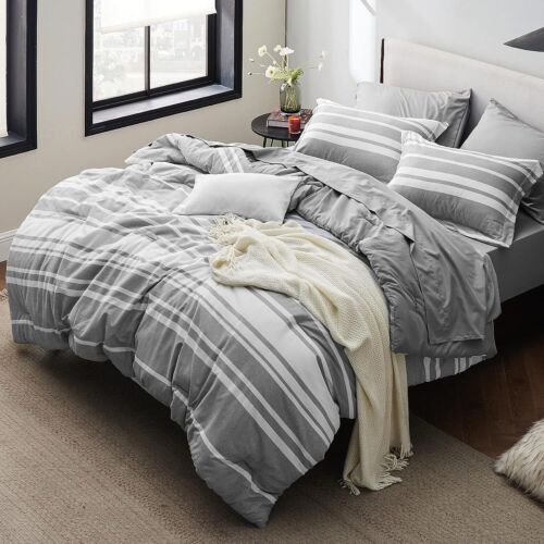 Bedsure Bed in a Bag Queen 7 Pieces, Grey White Striped Queen Bed Set Reversible - Picture 1 of 23