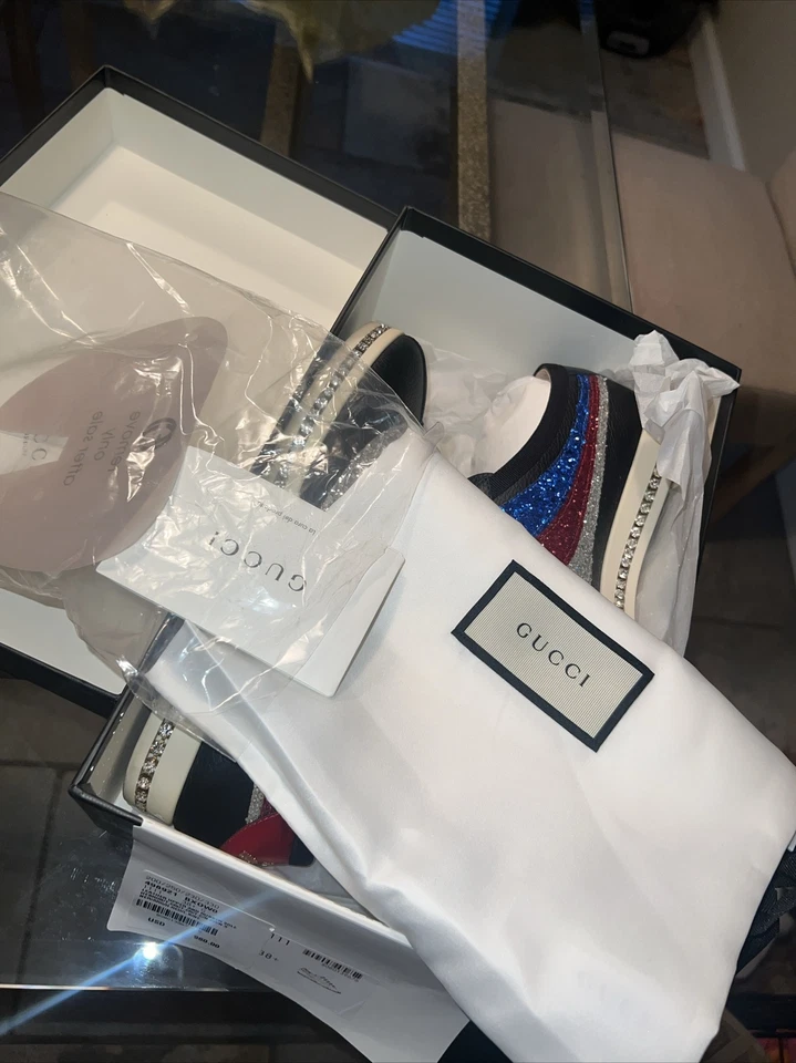 Tênis Feminino Autêntico GUCCI 498921 Preto Vermelho Multi Couro Glitter - OG All - Imagem 3 de 4