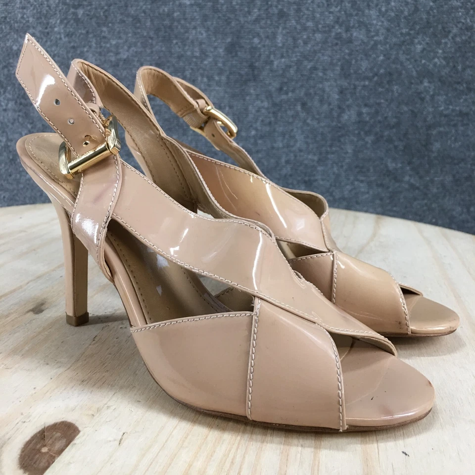 Salto Michael Kors Feminino 6 M Becky Slingback Stiletto Bege Couro Biqueira Aberta - Imagem 3 de 4