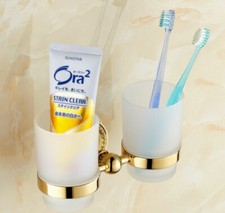 Polished Gold Wall Mounted Bathroom Toothbrush Holder with Double Cups Qba610