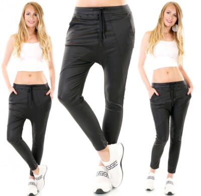 NEU Damen Haremshose Freizeithose frechen Kunstleder-Look Wetlook schwarz