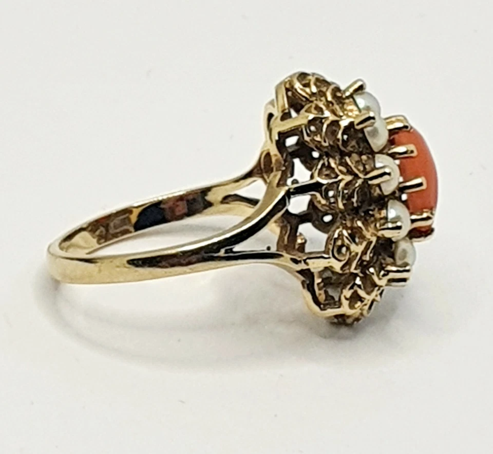 Anillo grande 375 9K con racimo de coral de perlas de oro amarillo de 9 quilates talla N sello completo Foto 2 de 4