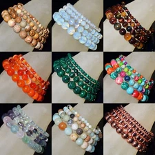 Handmade Natural Gemstone Round Beads Stretch Bracelet 4mm 6mm 8mm 10mm 7.5"