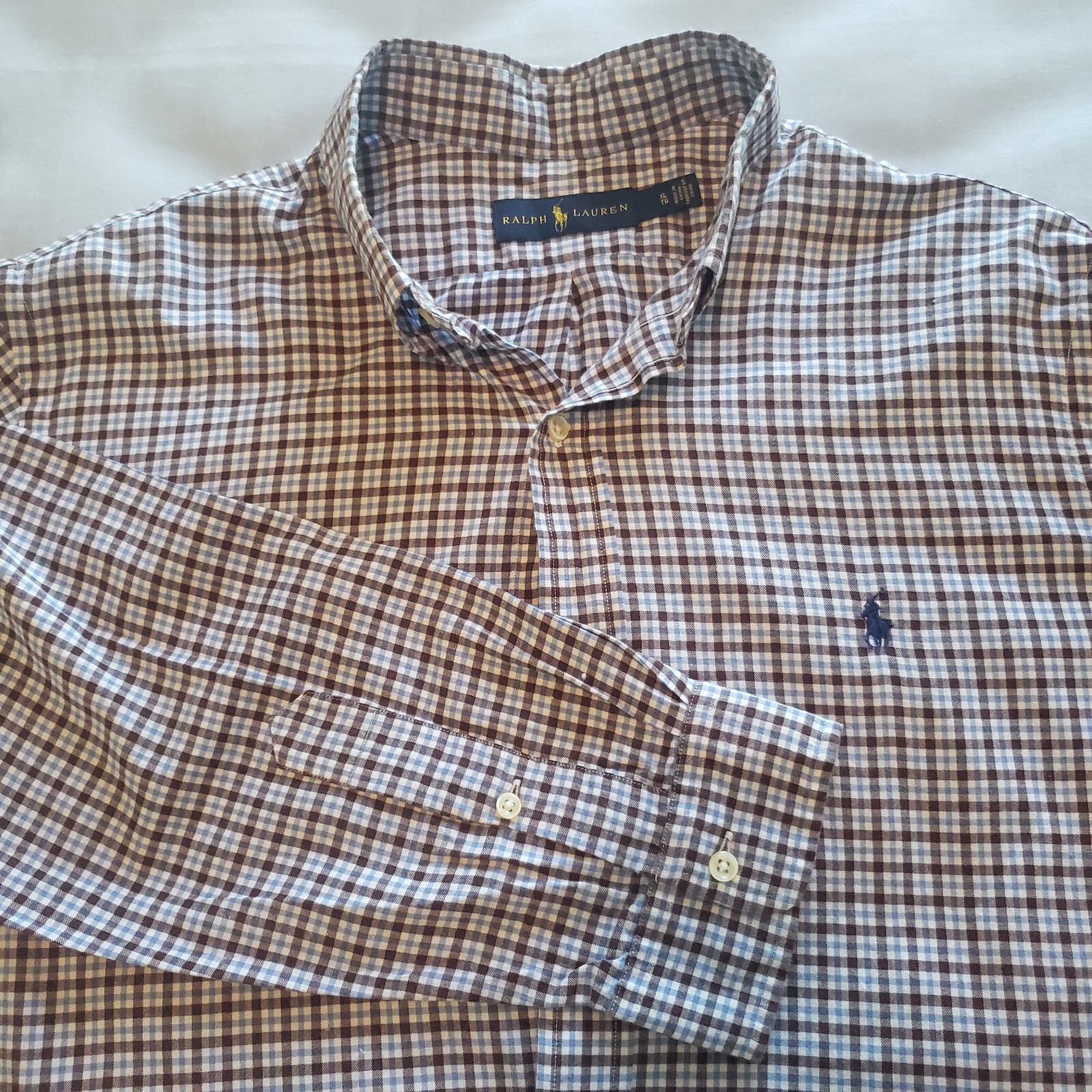 Polo Ralph Lauren Long Sleeve Button Up Shirt Mens XL TG Blue Brown Check Logo