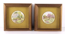 2 Currier & Ives Framed Porcelain Cameo's ~ American Homestead Spring & Summer