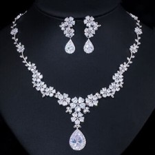 White Long Flower Drop Wedding Necklace Earrings Silver Plated CZ Jewelry Set