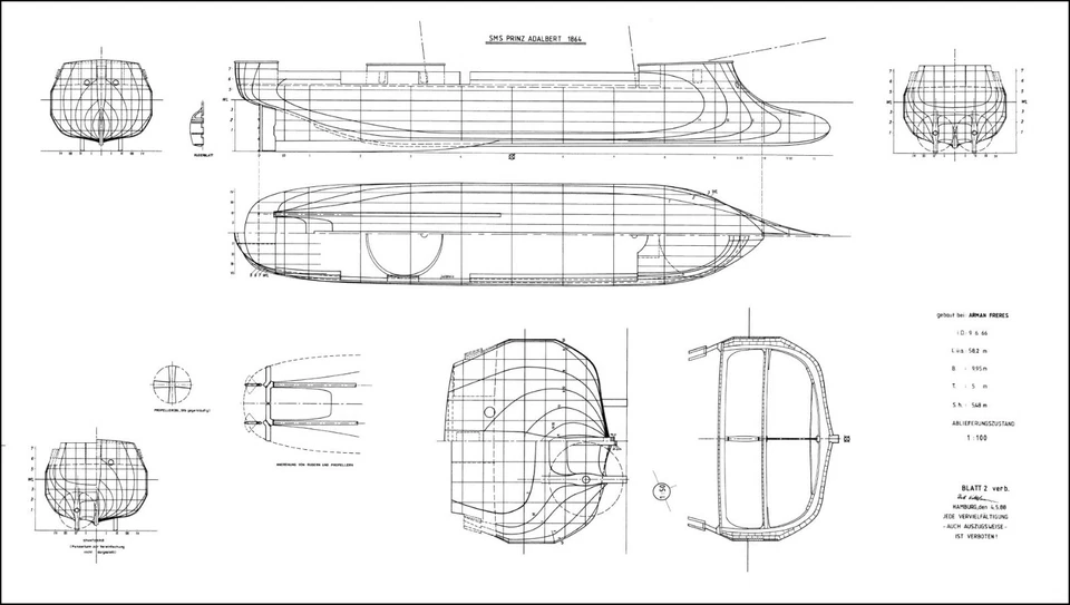 SMS PRINZ ADALBERT (1864), Schlachtschiff. Modellbauplan M 1:100 - Bild 2 von 4
