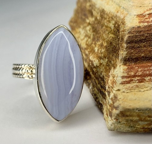 Anillo llamativo de plata de ley 925 de ágata de encaje azul talla 8 - Imagen 3 de 16