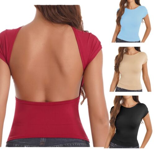 Damen Sexy Rückenfrei Kurzärmelig Bauchfreies Top Ausgeschnitten T-Shirt 90s US - Afbeelding 1 van 21
