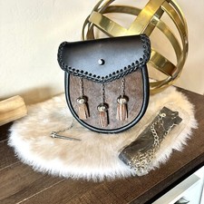 Scottish Sporran Kilt bag Chain Belt Embossed Leather Animal Fur Tassels