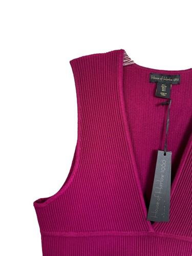 House of Harlow 1960 Damen LUXUS Pullover Kleid tief V-Ausschnitt Gr. L dunkel Fuchsia - Bild 4 von 8
