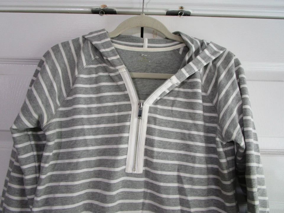 Anne Klein Sport Womens Hoodie Small Gray Striped 1/4 Zip Pockets Drawstring - Image 2 of 4