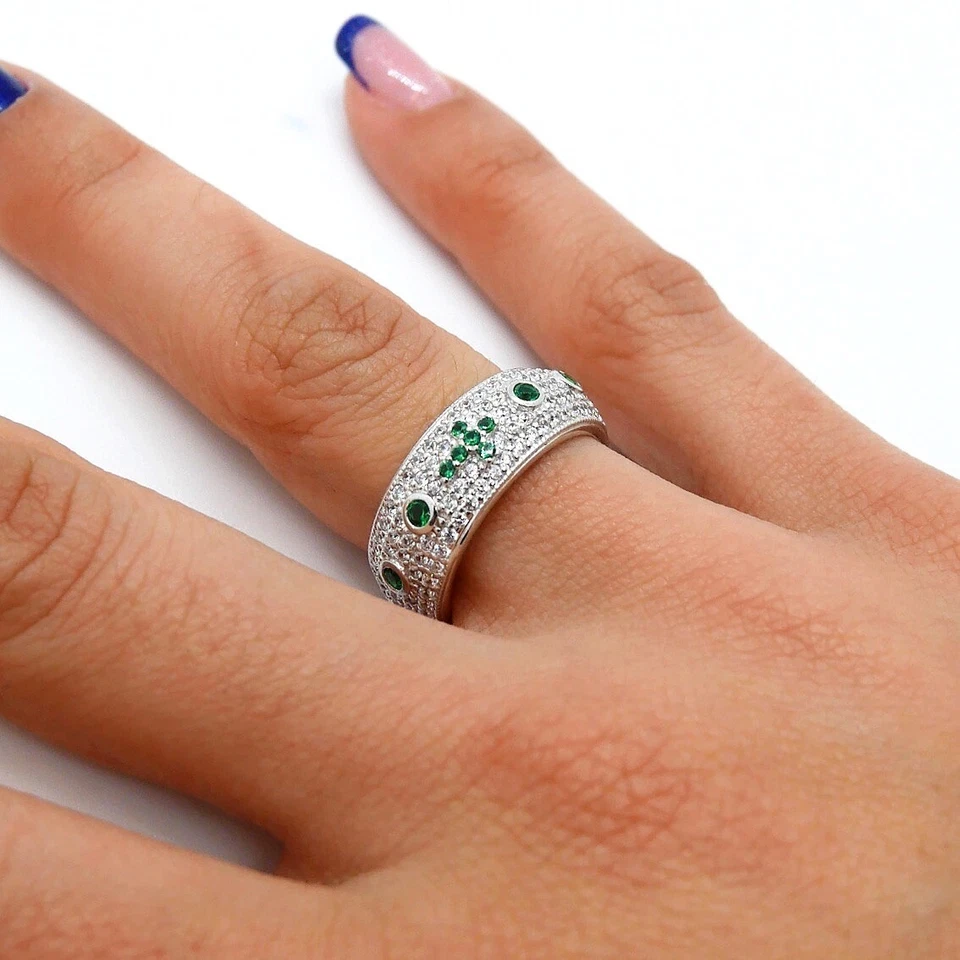 ANELLO ROSARIO A 5 LINEE CON ZIRCONI BIANCHI E VERDE IN ARGENTO 925 RODIATO - Immagine 2 di 2