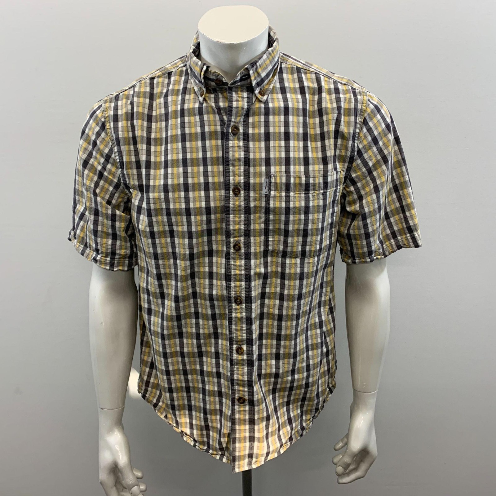 Carhartt Button Down Shirt Men's Size Medium Brown Yellow Plaid Short Sleeve Cot thumbnail 2
