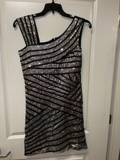 La Coquette Black Silver Geometric One Shoulder Bodycon Sequin Dress Size 12