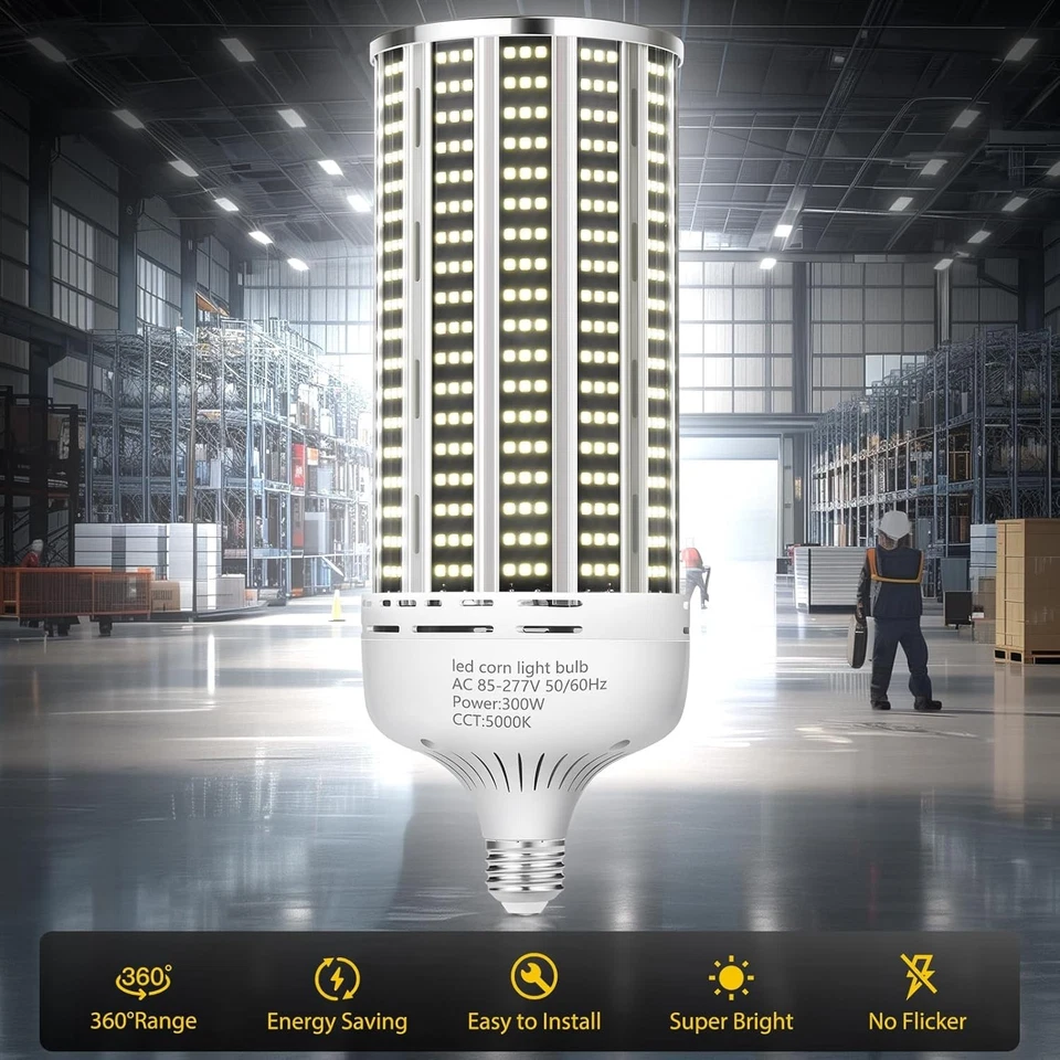 2 Pack 300W LED Bulbs - High Efficiency 43500 Lumens, Instant On, E26/E39 Base - Image 4 of 4