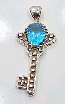 Vintage Sterling Silver 925 Large Blue Topaz Detailed Key Charm Pendant