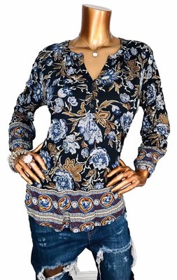 Lucky Brand L Top Stretch Floral Prints High Low Hem Blouse Long Sleeves V Cut