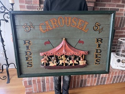 Vtg Antique Wooden Carnival Clown Deco FolkArt Circus Sign Carousel Rides