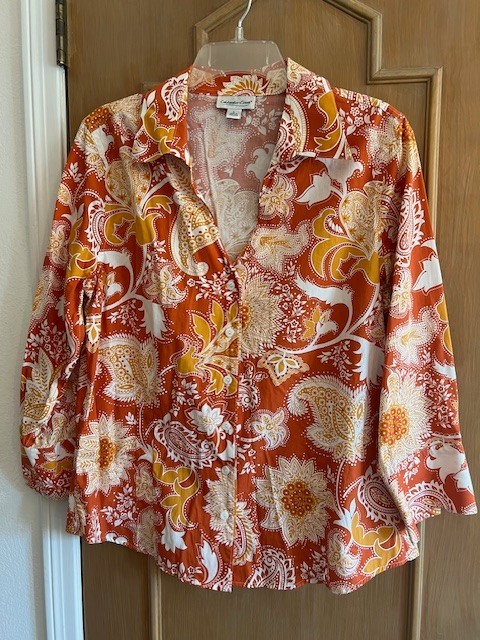 Coldwater Creek Button Up Blouse Floral Large Oranges White Cotton 3/4 Sleeve