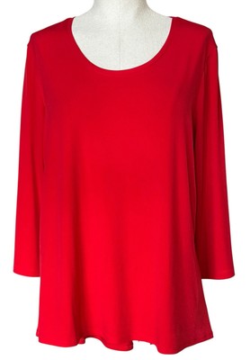 Susan Graver Liquid Knit 3/4 Sleeve U-Neck Top Hi-Low Hem Peplum Red Size L