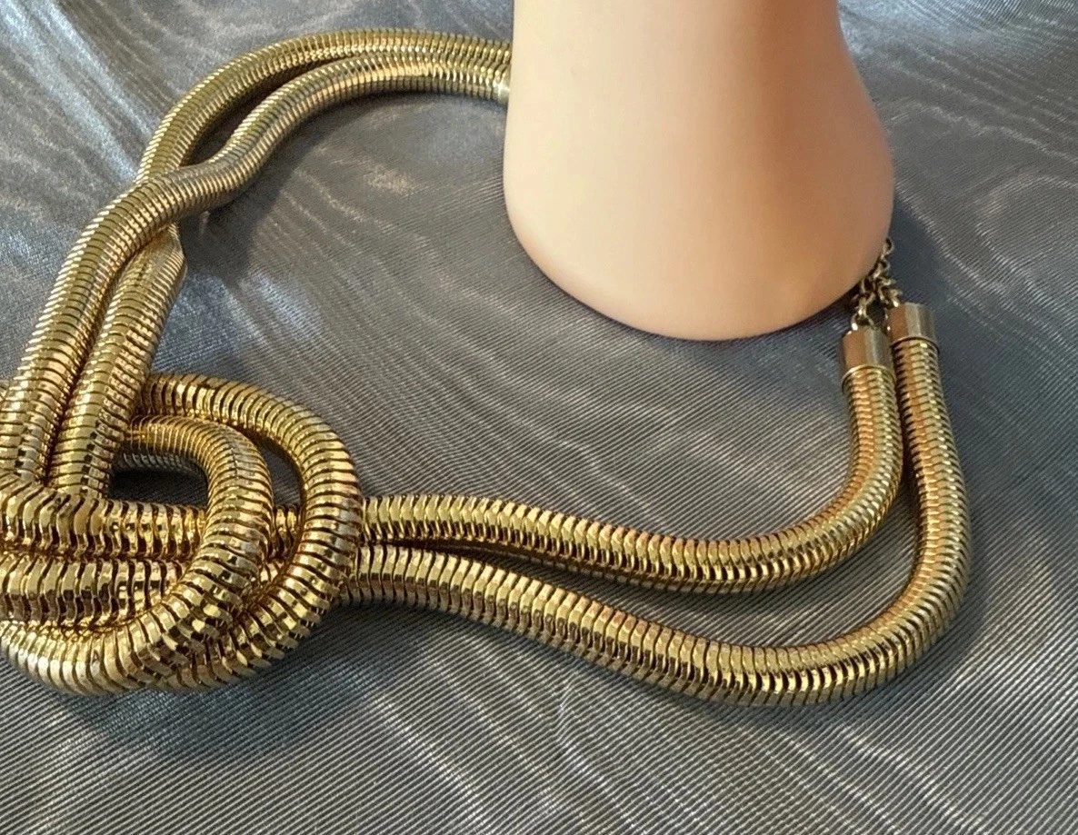 Vintage HSN Bellezza Signed Necklace Double Snake Chain Knotted Design 18k GP image 3