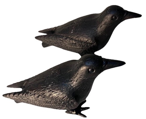 Primitive Large Realistic Decorative Cast Iron Raven Crow Black Bird Lot Of 2