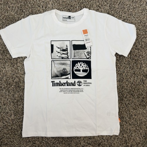 NWT Timberland Men's Square Stack Logo Short Sleeve T-Shirt White
