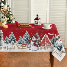 Christmas Rectangl Tablecloth 52" x 70" Red Printed Fabric Washable Table Cover.
