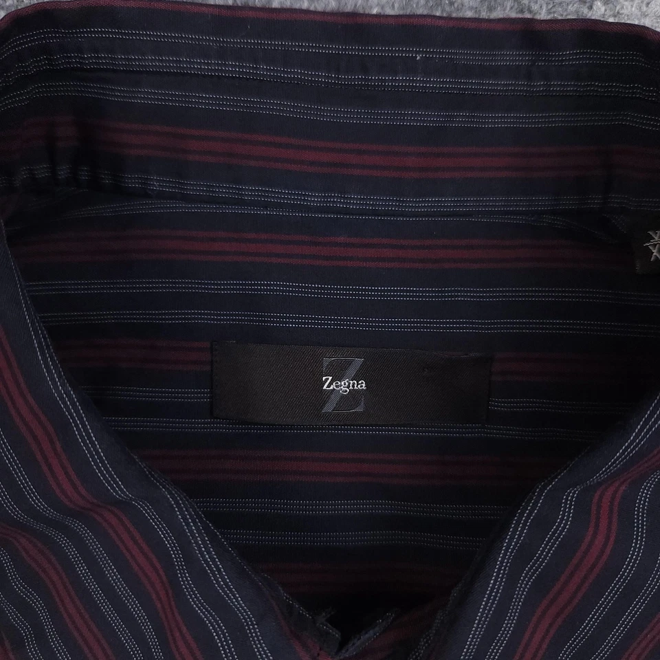 Zegna Dress Shirt Mens XL Black Red Striped Long Sleeve Button Up Cotton - Image 4 of 4