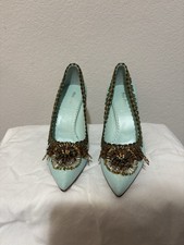 Miu Miu Turquoise Satin Embellished Pumps