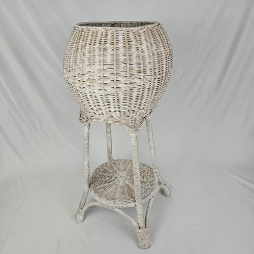 Vintage White Wicker Planter Plant Stand Holder w/Shelf Boho Cottagecore