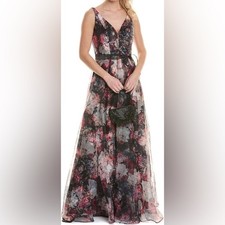 Rene Ruiz Collection V Neck Printed Organza A-Line Gown Women s Sz 14