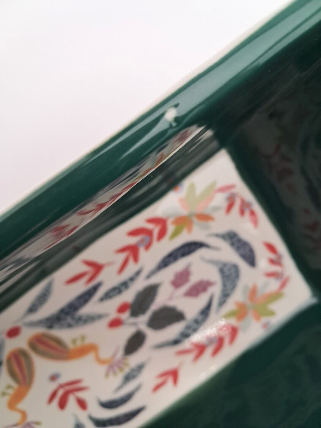 Anthropologie stoneware Loaf Pan Aleena peacock leaves floral green