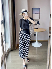 Pleats Please Issey Style Pleated Long Pencil Skirt with Fun Diamond Print