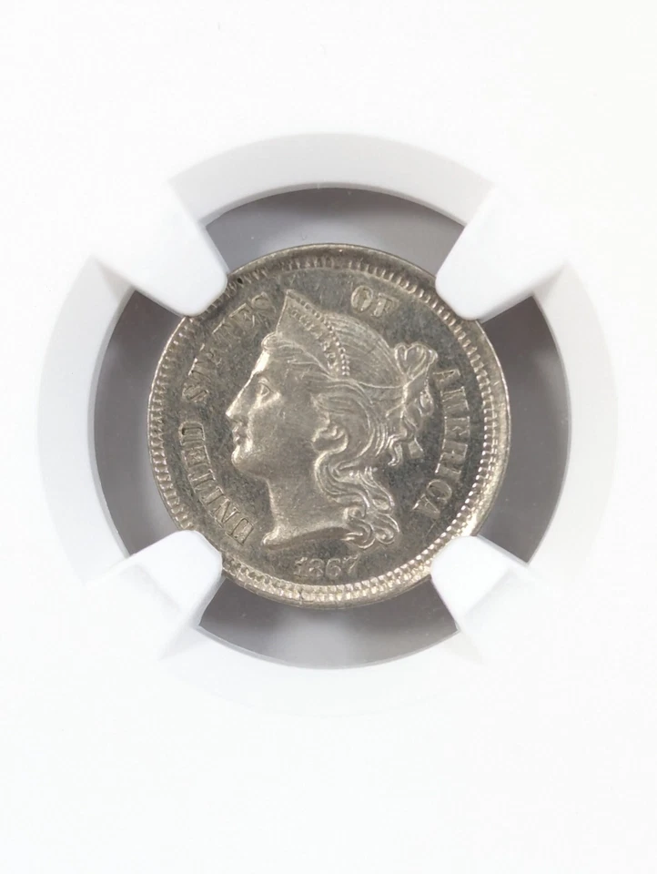 1867 3 Cent Nickel 3CN Clashed Dies NGC MS64 PQ+ - Image 2 of 4