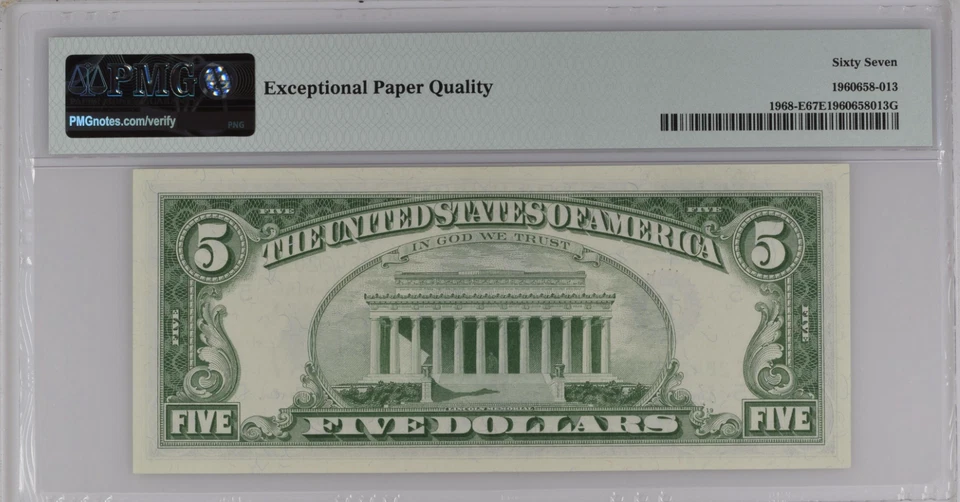 USA, 1963, Federal Reserve Note , $5, PMG 67 EPQ  Superb GEM Unc , Fr#1968-E - Image 3 of 4