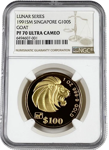TOP POP 1991 Singapore 1oz Lunar Goat 100 Singold Proof Gold Coin NGC PF 70 UC