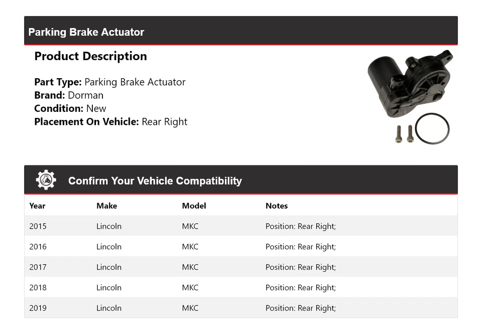 For 2015-2019 Lincoln MKC Dorman Parking Brake Actuator Rear Right 2016 2017 - Image 2 of 4