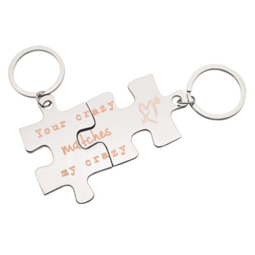 Cute Couples  - Your Crazy Matches My Crazy - Engraved Silver Jigsaw Keyring Set - Picture 1 of 1
