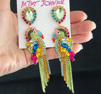Wow! 5'' BETSEY JOHNSON MULTICOLOR PARROT TOUCAN BIRD RHINESTONE DANGLE EARRINGS
