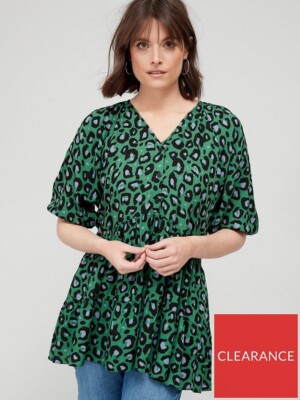 V By Very Tiered Button V Neck Longline Blouse - Green Leopard Animal UK Size 20